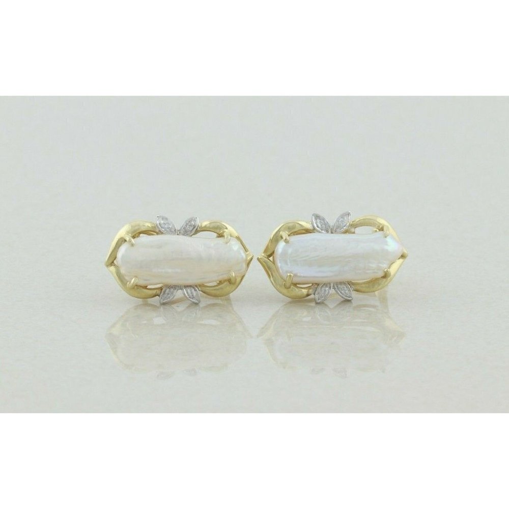 14k Yellow Gold Keshi Pearl and Diamond Earrings Lever Back Earrings